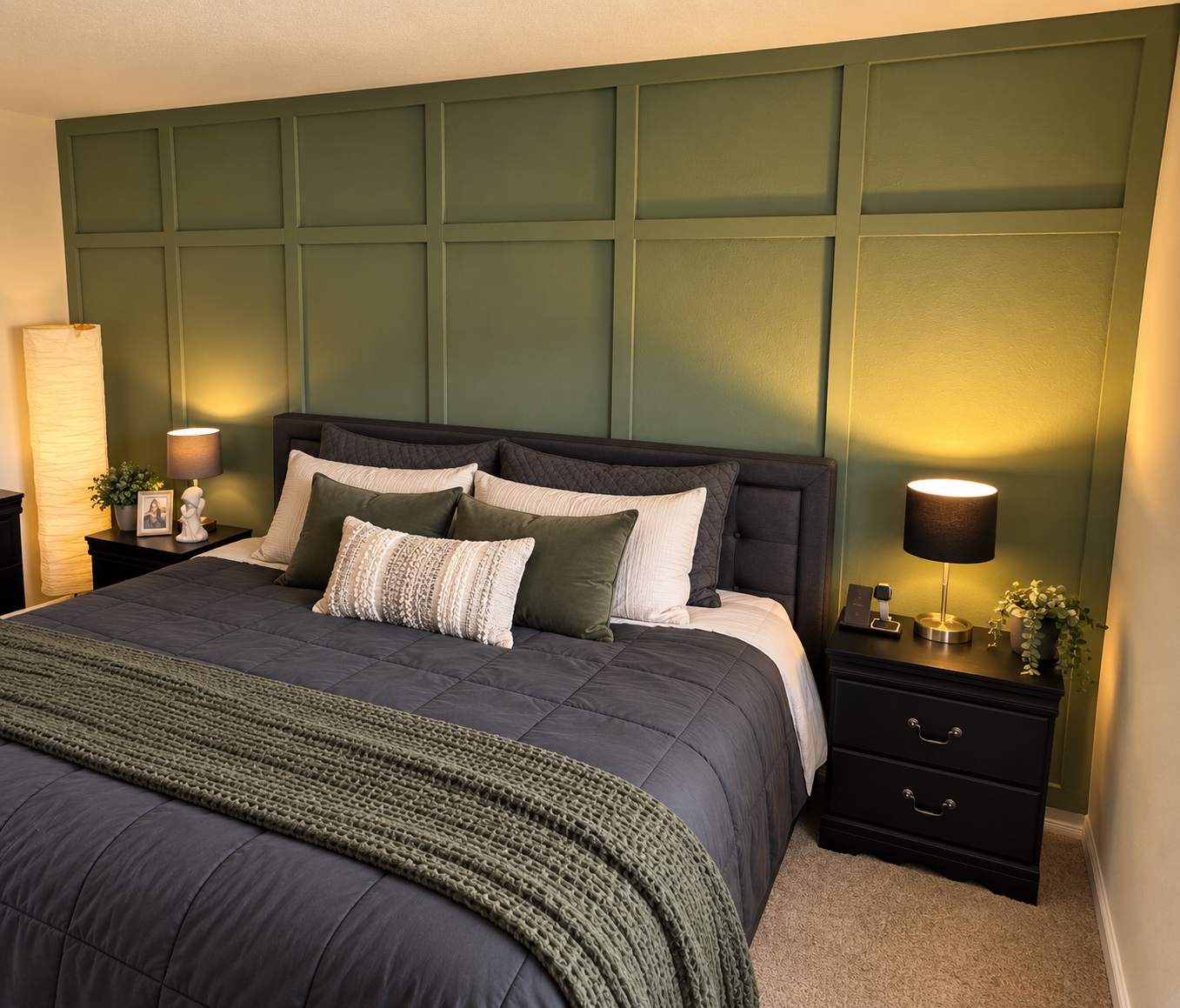 Green board and batten accent wall in a bedroom